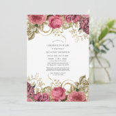 ピンクと金ゴールドのヴィンテージフローラお祝い 招待状 (スタンド正面)