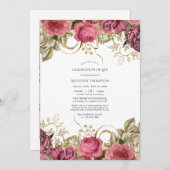 ピンクと金ゴールドのヴィンテージフローラお祝い 招待状 (正面/裏面)