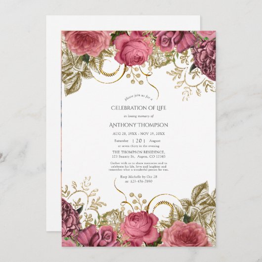 ピンクと金ゴールドのヴィンテージフローラお祝い 招待状 (正面/裏面)