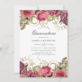 ピンクと金ゴールドのヴィンテージフローラキンセアニラ写真 招待状 (正面)