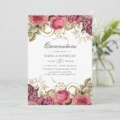 ピンクと金ゴールドのヴィンテージフローラキンセアニラ写真 招待状 (スタンド正面)