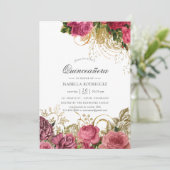 ピンクと金ゴールドのヴィンテージフローラキンセアニラ 招待状 (スタンド正面)