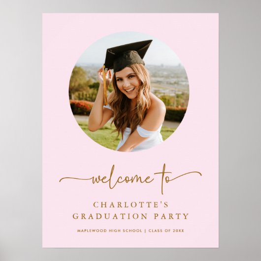 ピンクと金ゴールドの写真の卒業式ウェルカムサイン ポスター (正面)