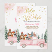 ピンクと金ゴールドの冬のウッドランドの赤ちゃんシャワー 招待状 (正面/裏面)