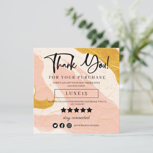 ピンクと金ゴールドの大理石ありがとうご割引カード (スタンド正面)