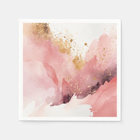 ピンクと金ゴールドの大理石の水彩装飾 スタンダードカクテルナプキン (正面)
