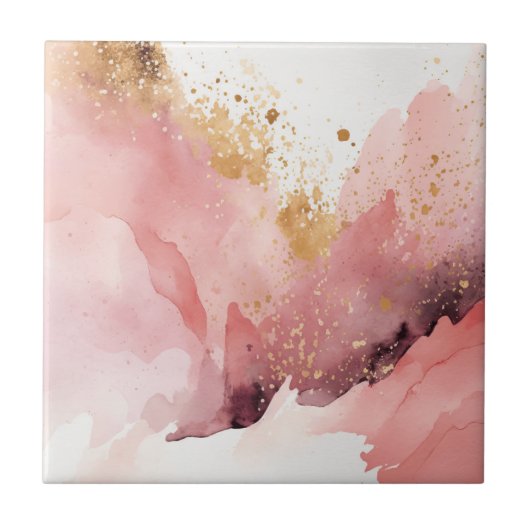 ピンクと金ゴールドの大理石の水彩装飾 タイル (正面)