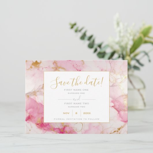 ピンクと金ゴールドの大理石は日付カードを保存 セーブザデート (スタンド正面)