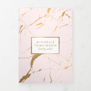 ピンクと金ゴールドの大理石サロンまたは製品パンフレット 三つ折りカード