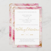 ピンクと金ゴールドの大理石縁ど結婚式招待状 招待状 (正面/裏面)