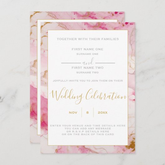 ピンクと金ゴールドの大理石縁ど結婚式招待状 招待状 (正面/裏面)