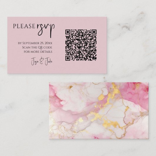 ピンクと金ゴールドの大理石QRコード結婚式RSVP エンクロージャーカード (正面/裏面)