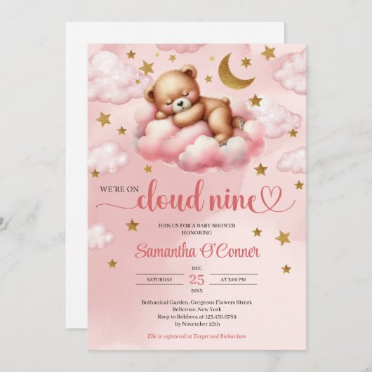 ピンクと金ゴールドの女の子の雲を負担9赤ちゃんシャワー 招待状 (正面/裏面)