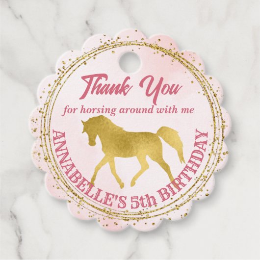 ピンクと金ゴールドの女性のカーボーイ馬の誕生日パーティギフト フェイバータグ (正面)