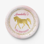ピンクと金ゴールドの女性のカーボーイ馬の誕生日パーティー ペーパープレート (正面)
