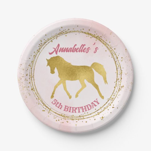 ピンクと金ゴールドの女性のカーボーイ馬の誕生日パーティー ペーパープレート (正面)