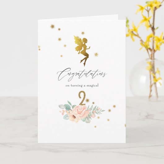 ピンクと金ゴールドの妖精をテーマにした女の子2nd誕生日 カード (黄色い花)