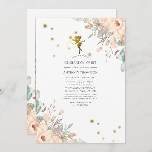 ピンクと金ゴールドの妖精をテーマにした生活お祝い 招待状 (正面/裏面)