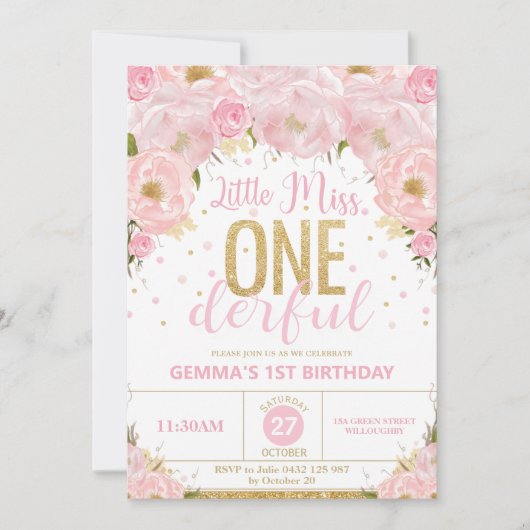 ピンクと金ゴールドの小さな1恋しく思歳の誕生日 招待状 (正面)