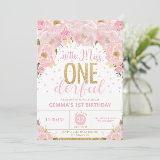 ピンクと金ゴールドの小さな1恋しく思歳の誕生日 招待状 (スタンド正面)