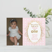 ピンクと金ゴールドの招待状|リボンと湾曲形 招待状 (スタンド正面)