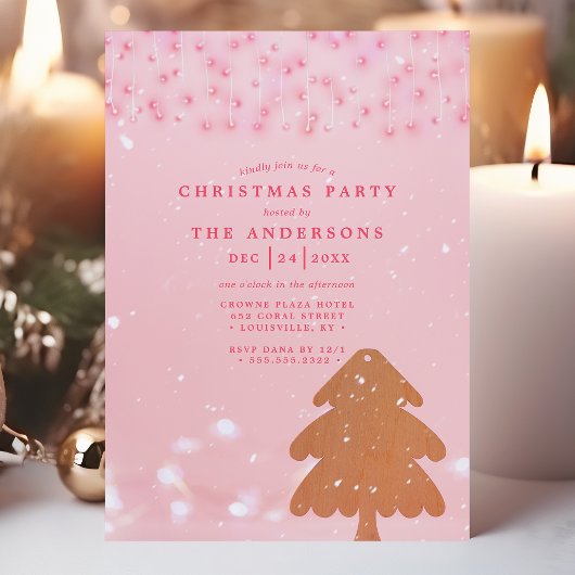 ピンクと金ゴールドの文字列ライトモダンクリスマスパーティー 招待状