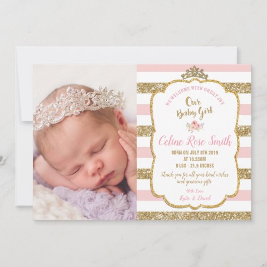 ピンクと金ゴールドの新生児·ガール誕生の発表 招待状 (正面)