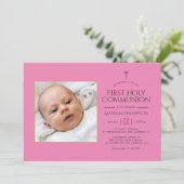 ピンクと金ゴールドの最初の聖餐式の写真 招待状 (スタンド正面)
