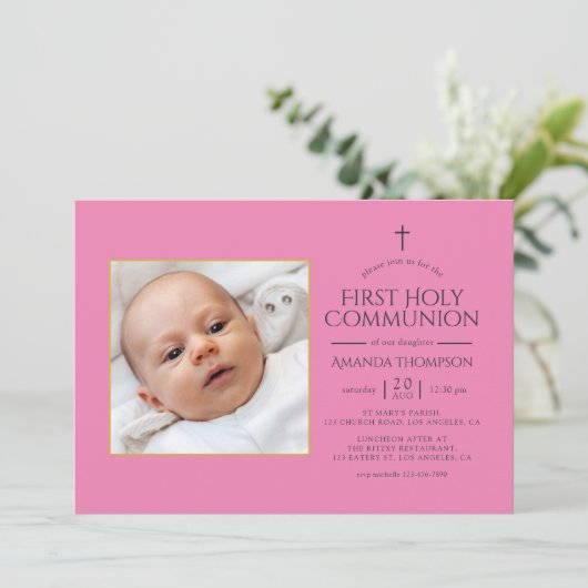 ピンクと金ゴールドの最初の聖餐式の写真 招待状