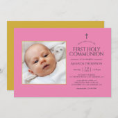 ピンクと金ゴールドの最初の聖餐式の写真 招待状 (正面/裏面)