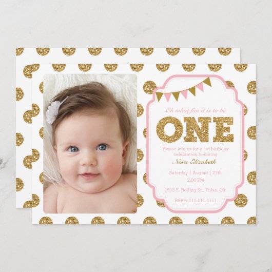 ピンクと金ゴールドの最初の誕生日の招待 招待状 (正面/裏面)