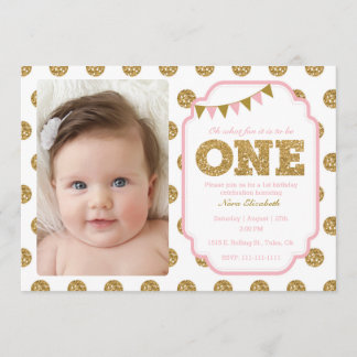 ピンクと金ゴールドの最初の誕生日の招待 招待状