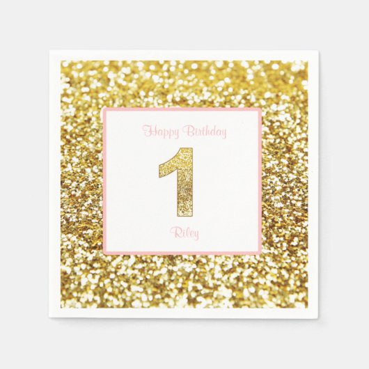 ピンクと金ゴールドの最初の誕生日ナプキン スタンダードカクテルナプキン (正面)