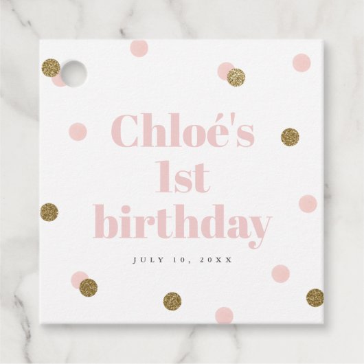ピンクと金ゴールドの最初の誕生日パーティー フェイバータグ (正面)