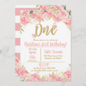 ピンクと金ゴールドの最初の誕生日招待状 招待状 (正面/裏面)