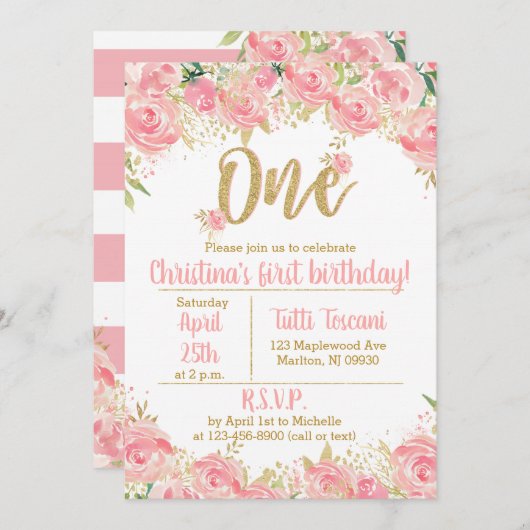 ピンクと金ゴールドの最初の誕生日招待状 招待状 (正面/裏面)
