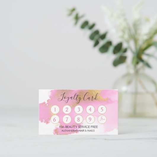 ピンクと金ゴールドの水彩ガーリーロイヤリティパンチ ロイヤリティカード (スタンド正面)