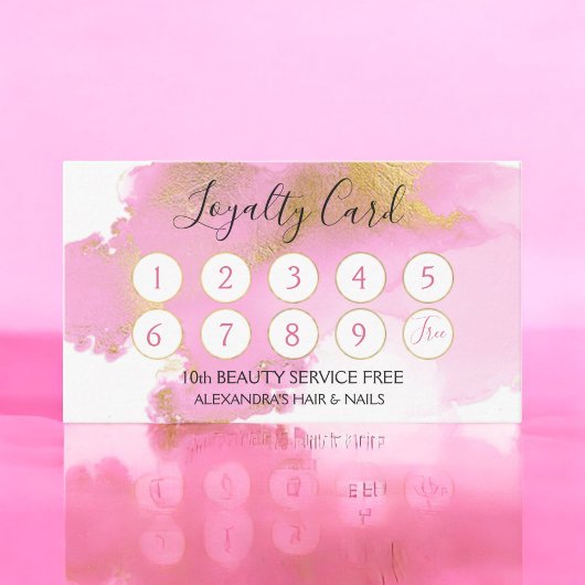 ピンクと金ゴールドの水彩ガーリーロイヤリティパンチ ロイヤリティカード