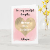 ピンクと金ゴールドの水彩ハート26誕生日 カード (黄色い花)