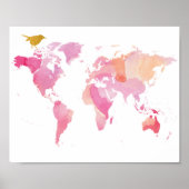 ピンクと金ゴールドの水彩世界地図 ポスター (正面)