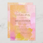 ピンクと金ゴールドの水彩抽象芸術卒業パーティー 招待状 (正面/裏面)