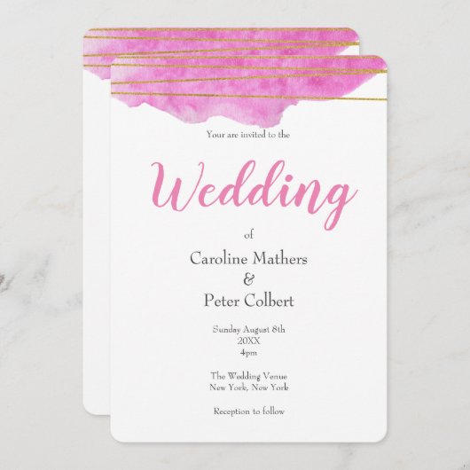 ピンクと金ゴールドの水彩結婚式招待状 招待状 (正面/裏面)