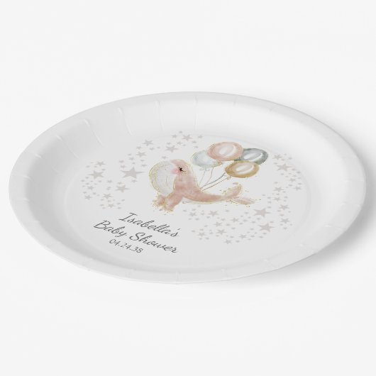 ピンクと金ゴールドの水色かわいいクジラの赤ちゃんシャワー ペーパープレート (アングル)