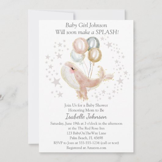 ピンクと金ゴールドの水色かわいいクジラの赤ちゃんシャワー 招待状 (正面)
