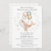 ピンクと金ゴールドの水色かわいいクジラの赤ちゃんシャワー 招待状 (正面/裏面)