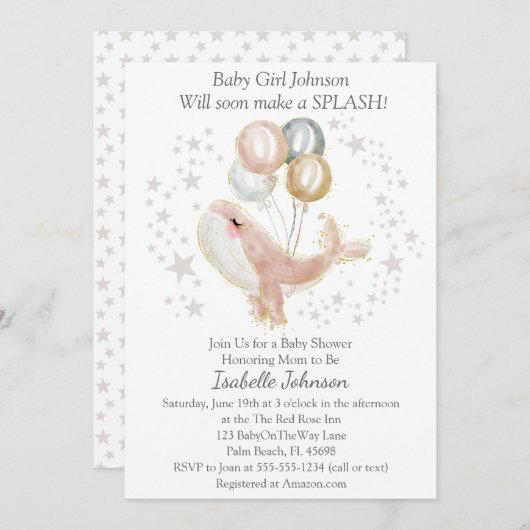 ピンクと金ゴールドの水色かわいいクジラの赤ちゃんシャワー 招待状 (正面/裏面)