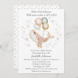 ピンクと金ゴールドの水色かわいいクジラの赤ちゃんシャワー 招待状