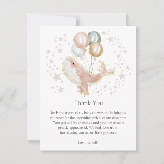 ピンクと金ゴールドの水色かわいいクジラサンキューカード 招待状 (正面)