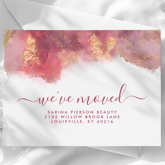 ピンクと金ゴールドの水色のインクの移動発表 案内ポストカード