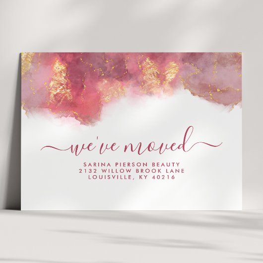 ピンクと金ゴールドの水色のインクの移動発表 案内ポストカード